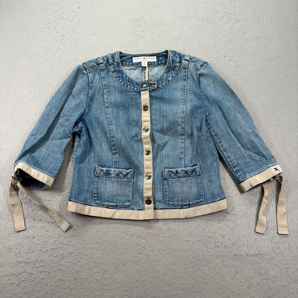 Tommy Hilfiger Denim Jacket Womens Petite M Blue Ribbon Trim Cropped Y2K